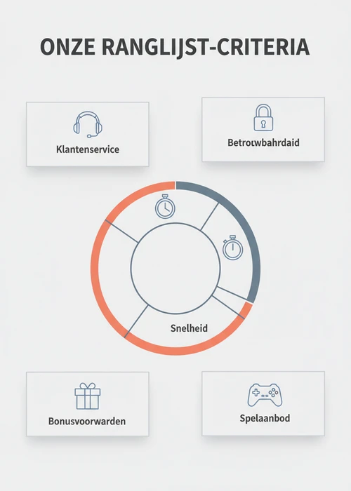 Ranglijst-criteria voor de top 5 casino zonder CRUKS als donut: betrouwbaarheid, snelheid, spelaanbod, bonusvoorwaarden en klantenservice.