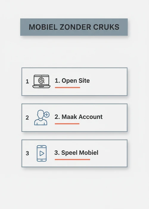 Mobiel spelen zonder CRUKS in drie stappen: open site, maak account en speel mobiel op uw telefoon.
