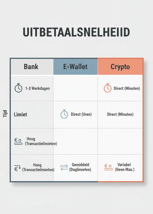 Uitbetaalsnelheid bij snelle uitbetaling zonder CRUKS: bank, e-wallet en crypto vergeleken op tijd en limiet.